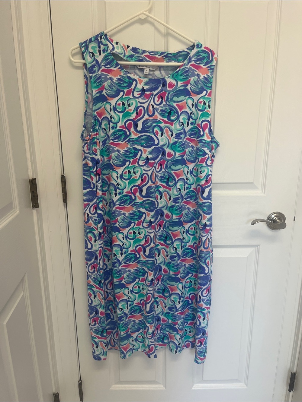 Sleeveless Midi Dress in Blue and Pink Swirl Print